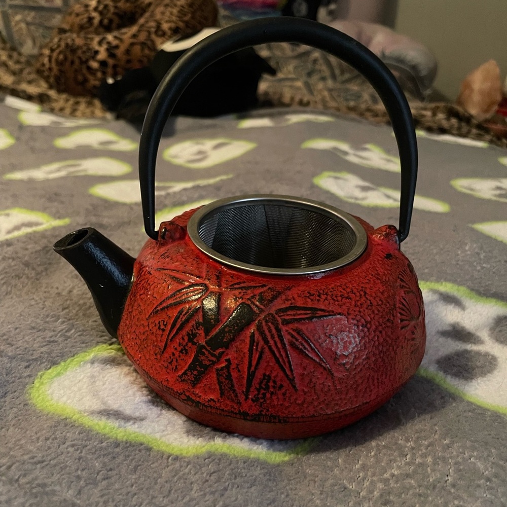 Japanese red black cast iron teapot nanbu tekki tetsubin